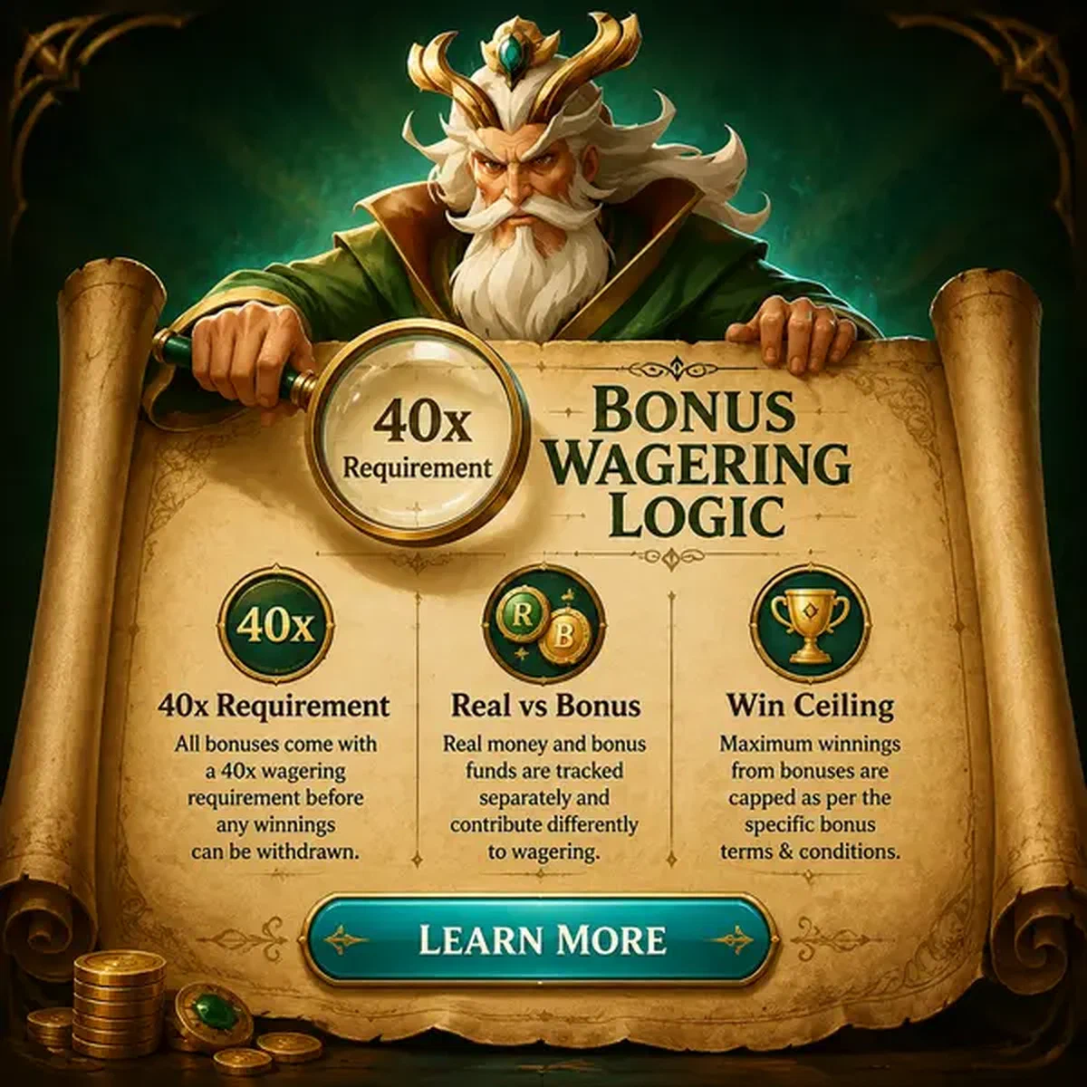 Exigences de bonus du Casino BetOnRed affichées sur un parchemin ancien avec loupe