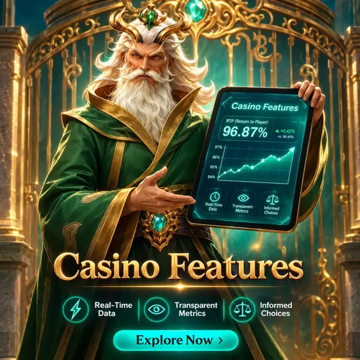 Le gardien affiche les fonctionnalités du casino BetOnRed avec des données RTP lumineuses sur sa tablette magique