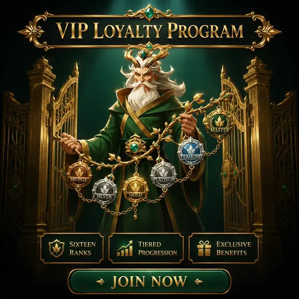 Gardien aîné présentant les niveaux du programme de fidélité VIP au casino BetOnRed avec des badges dorés